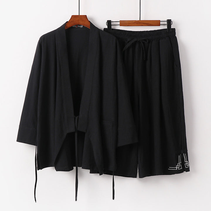 Damen Zen-Kimono-Lounge-Set aus atmungsaktivem Baumwollmix mit Bindebandjacke und weiten Culotte-Hose Echoarchiv