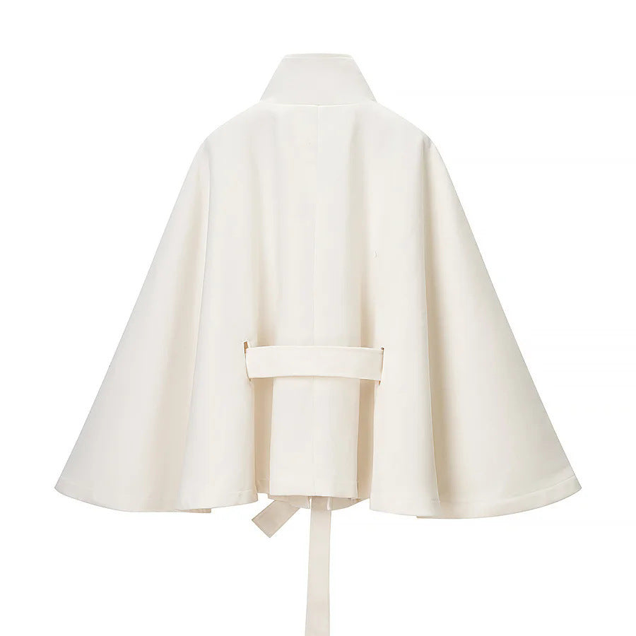 Damen taillierter Wollcape-Mantel mit Stehkragen Bindegürtel und verdeckter Knopfleiste – Montévia
