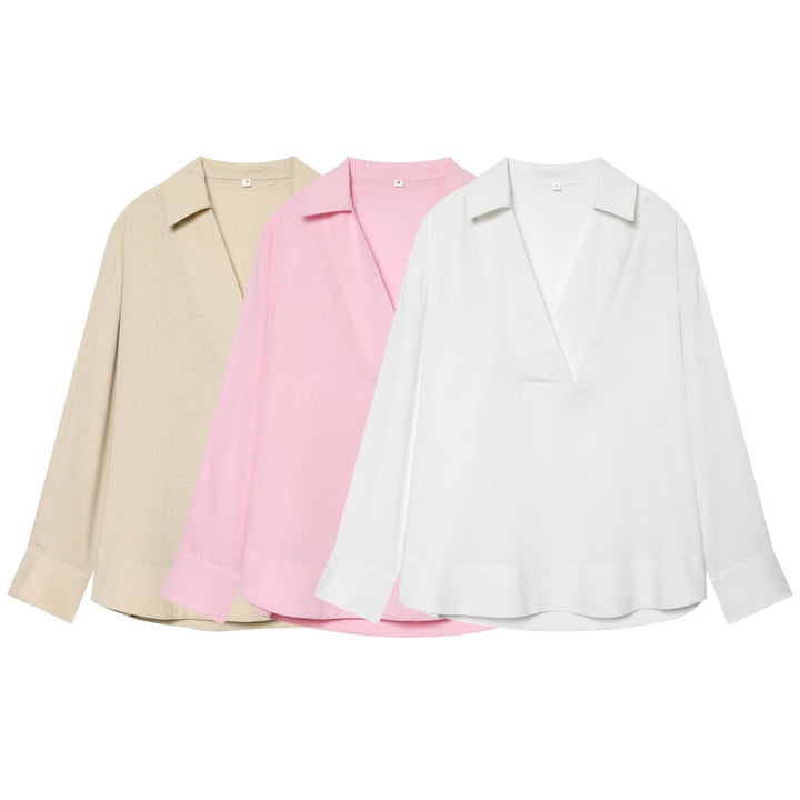 Damen Locker sitzende V‑Tunika‑Bluse mit Kentkragen und breiten Manschetten Echo Archiv