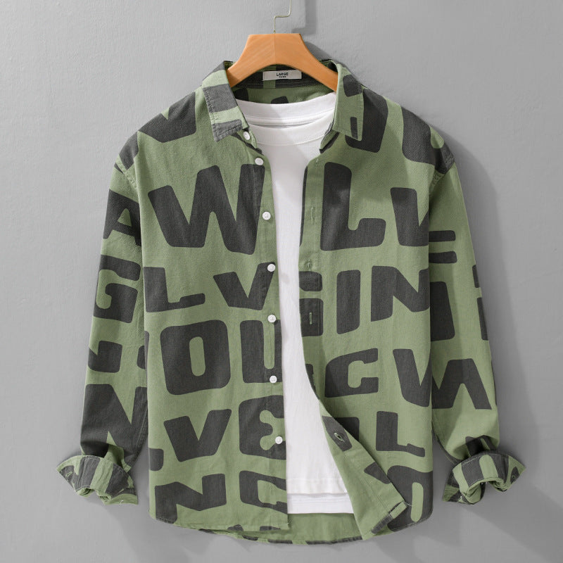 Herren Baumwoll-Overshirt mit Allover-Lettering-Print, Relaxed-Fit und Kentkragen Echoarchiv