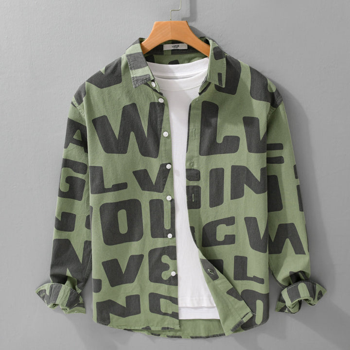 Herren Baumwoll-Overshirt mit Allover-Lettering-Print, Relaxed-Fit und Kentkragen Echoarchiv