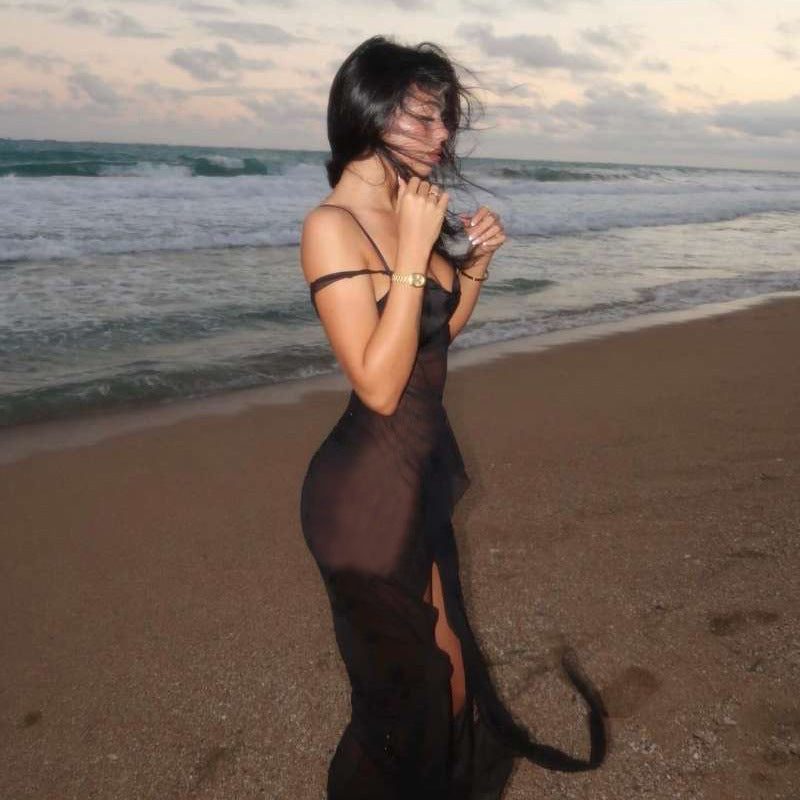 Damen Transparente Maxikleid mit asymmetrischen Fransen Echo Archiv
