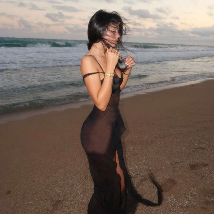 Damen Transparente Maxikleid mit asymmetrischen Fransen Echo Archiv