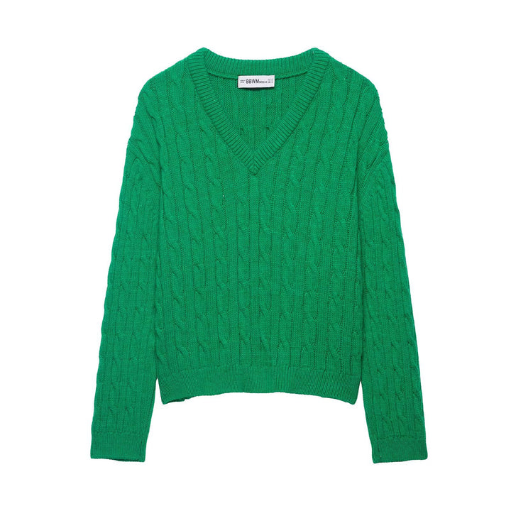 Damen Grobgestrickter V‑Ausschnitt Zopfstrickpullover mit Rippbündchen Echoarchiv
