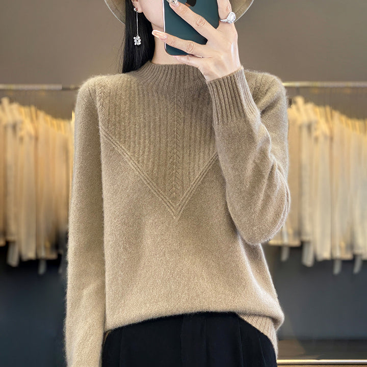 Damen Lockerer Mohair‑Blend Pullover mit strukturierter V‑Paneel und Stehkragen Echoarchiv