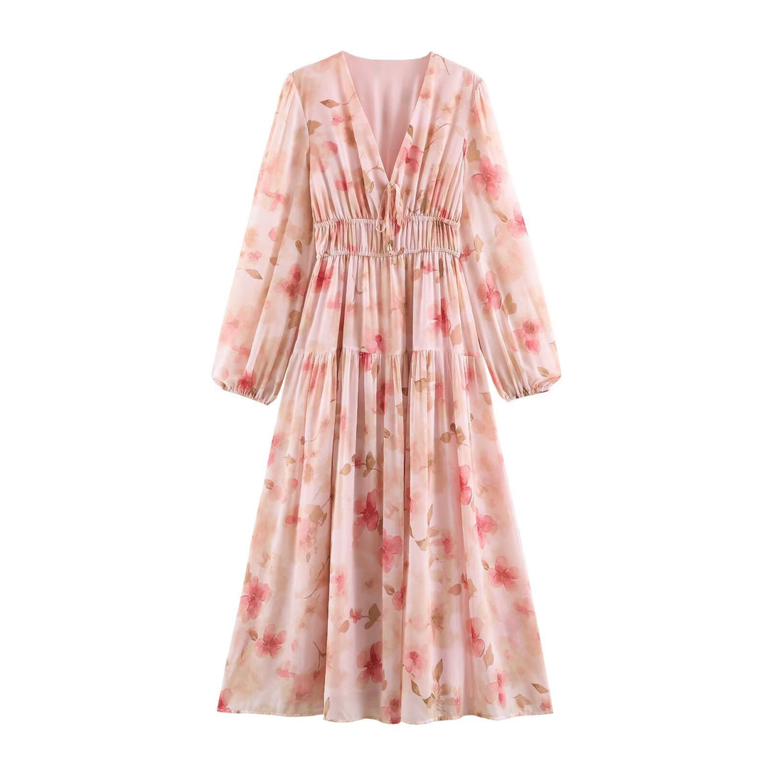 Damen Luftiges Chiffon-Midikleid mit tiefem V-Ausschnitt, geraffter Smock-Taille und Volantstufen Echo Archiv