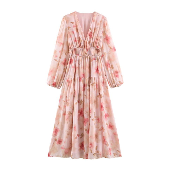 Damen Luftiges Chiffon-Midikleid mit tiefem V-Ausschnitt, geraffter Smock-Taille und Volantstufen Echo Archiv