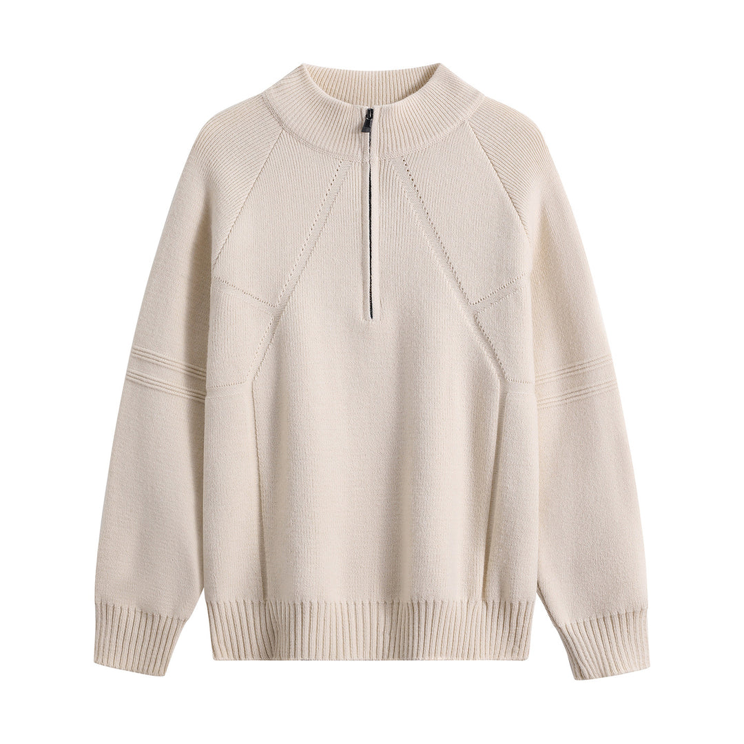Unisex Oversize-Strickpullover mit Halbreißverschluss und geripptem Stehkragen Echoarchiv