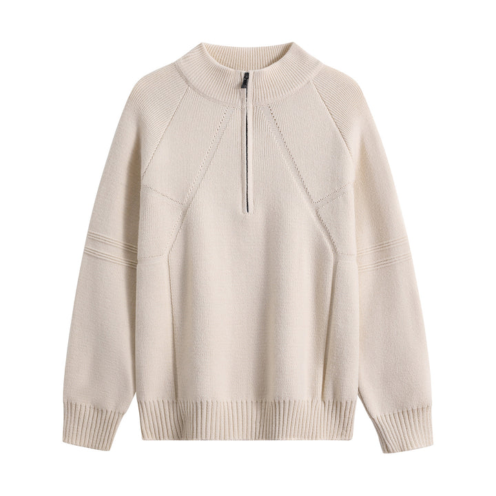 Unisex Oversize-Strickpullover mit Halbreißverschluss und geripptem Stehkragen Echoarchiv