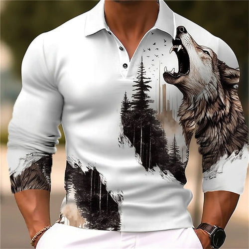Herren Langarmshirt mit kreativem Wolf-Design und Baum-Muster Echoarchiv