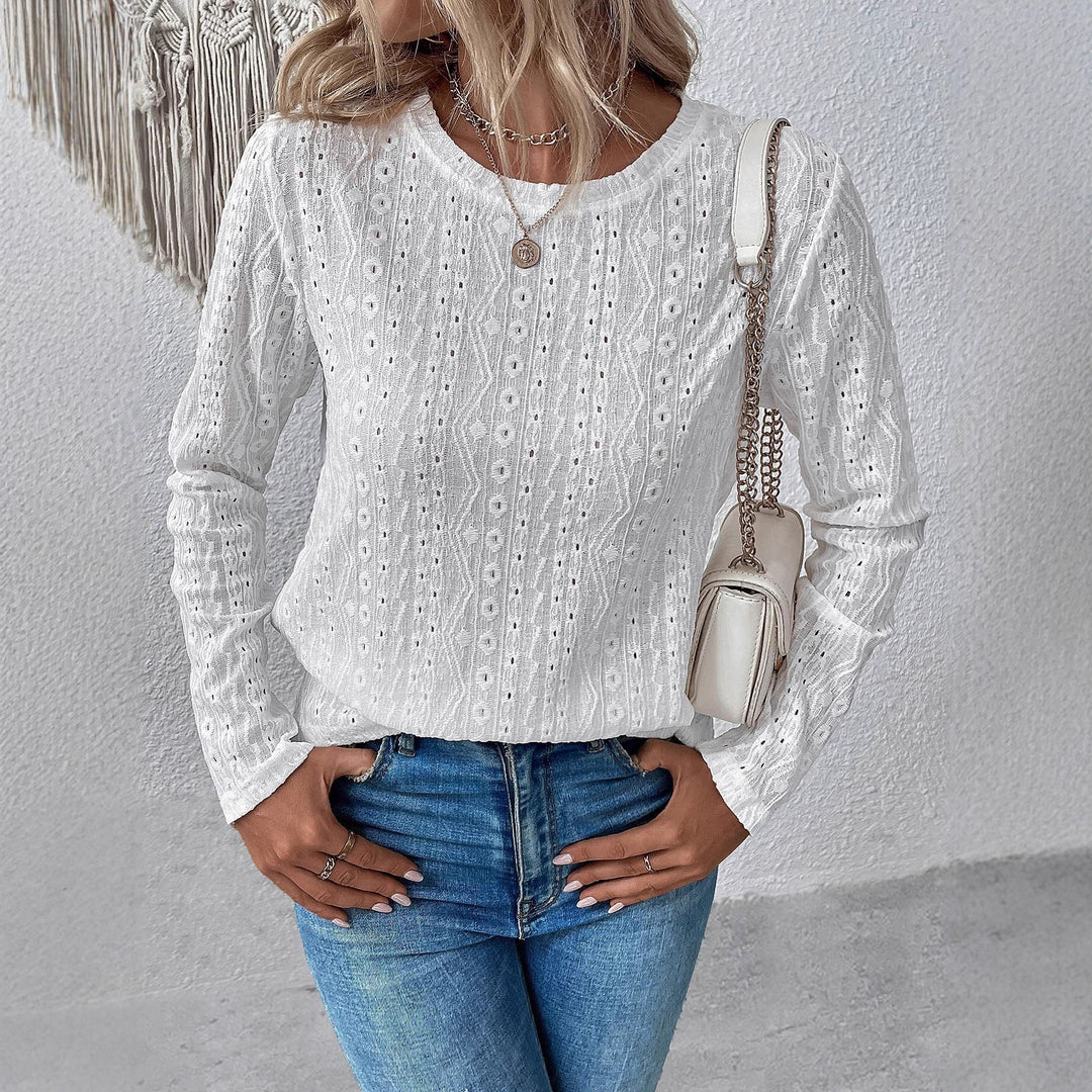 Damen Spitzenbluse mit Lochstickerei, langer Arm und Rundhalsausschnitt – Élovi