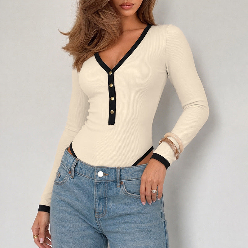 Damen Langärmliger Body mit V-Ausschnitt Echo Archiv