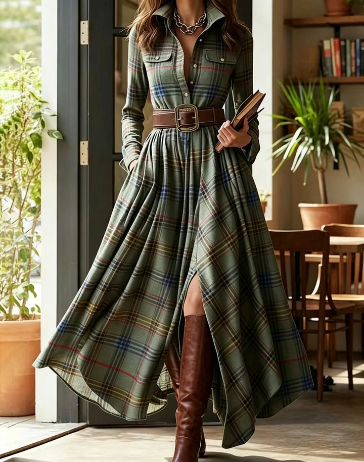 Damen nan karierte Maxikleid Hemdblusenkleid mit ausgestelltem Rock und breitem Taillengürtel Echo Archiv