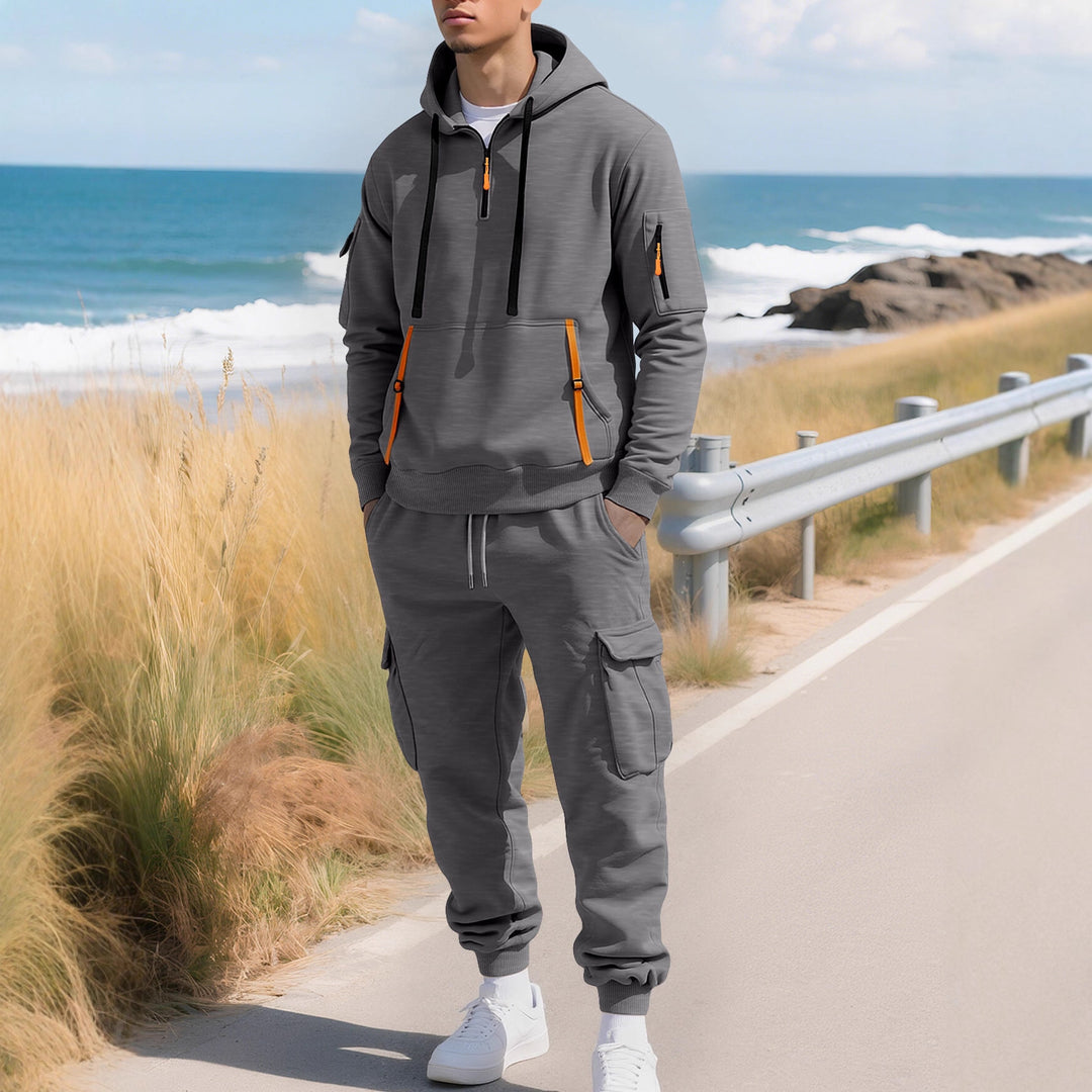 Herren nan lässiger Halbzip Hoodie mit Kängurutasche und Cargo Jogginghose mit Reißverschlussdetails Echo Archiv