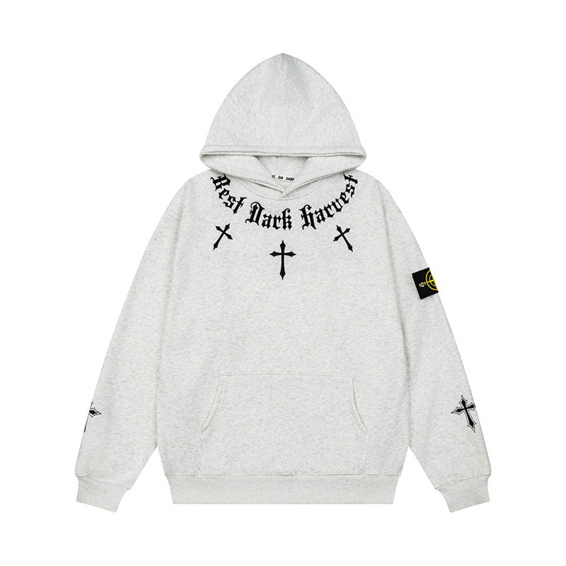 Unisex Oversize Kapuzenpullover mit Gothic-Kreuz-Print, Kängurutasche und Rippbündchen Echoarchiv