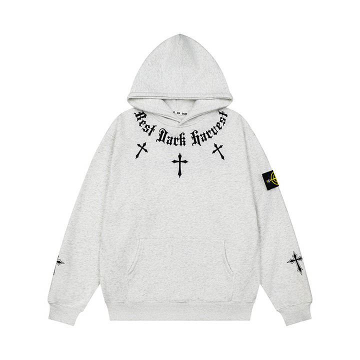 Unisex Oversize Kapuzenpullover mit Gothic-Kreuz-Print, Kängurutasche und Rippbündchen Echoarchiv