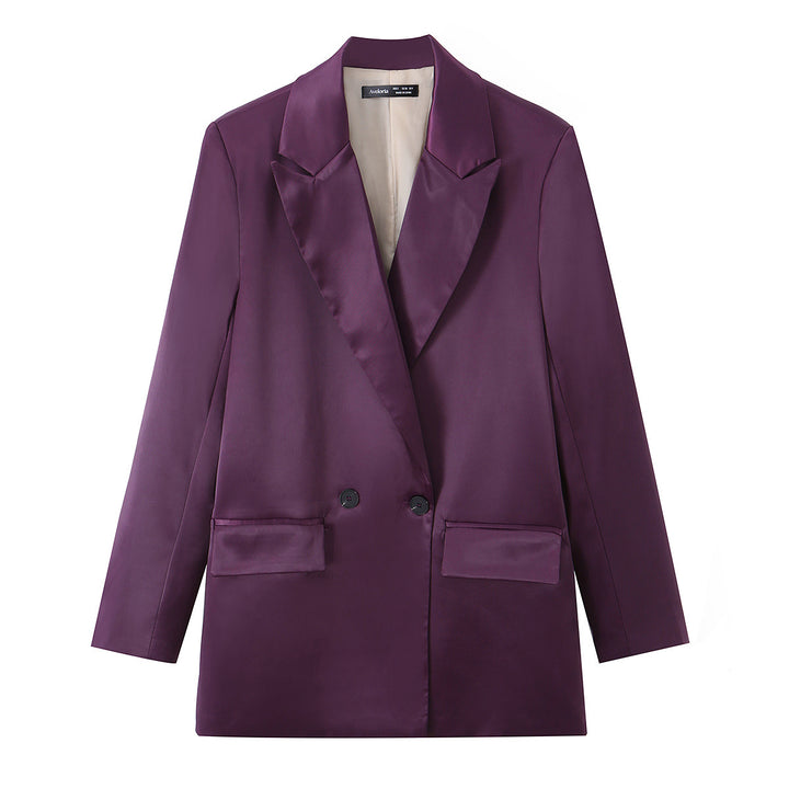 Damen Satin-Longblazer mit doppelreihiger Knopfleiste, Schalkragen und Pattentaschen Echo Archiv