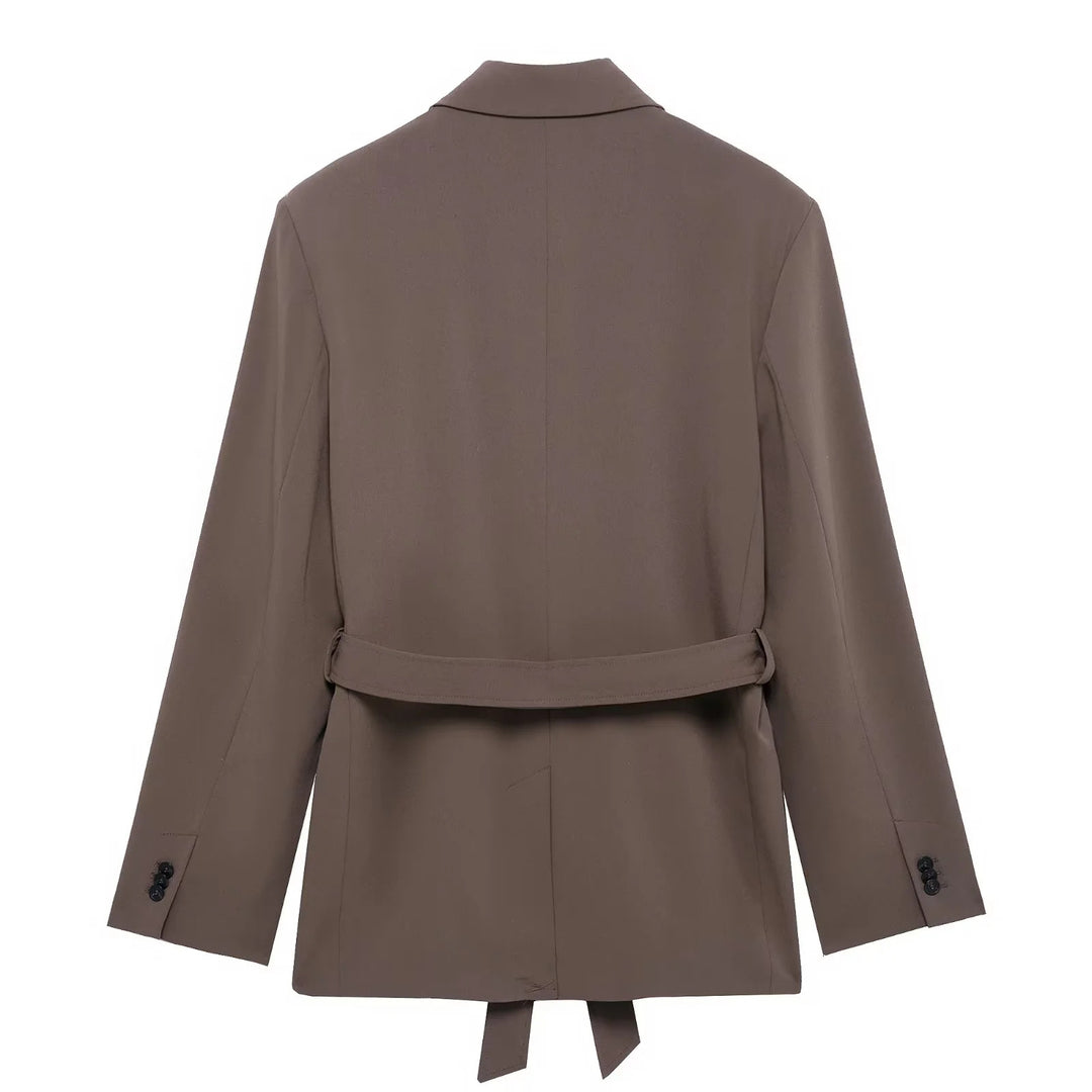 Damen taillierter Blazer mit Bindegürtel, Reverskragen, Pattentaschen und Ein-Knopf‑Verschluss – Valéne