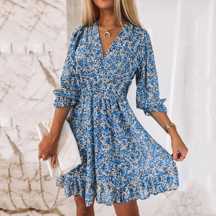 Damen Leichtes Blumen-Minikleid mit V-Ausschnitt, geraffter Taille und Volantbesatz Echoarchiv