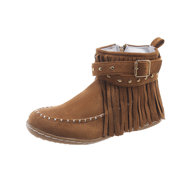 Damen nan Fransen-Ankleboot im Mokassinstil mit Ziernieten, Schnallenriemen und seitlichem Reißverschluss Echo Archiv