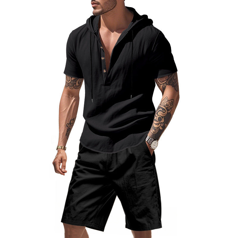 Herren lässiges Hoodie-Shorts-Set mit modischem Henley-Ausschnitt und atmungsaktiven Eigenschaften Echoarchiv