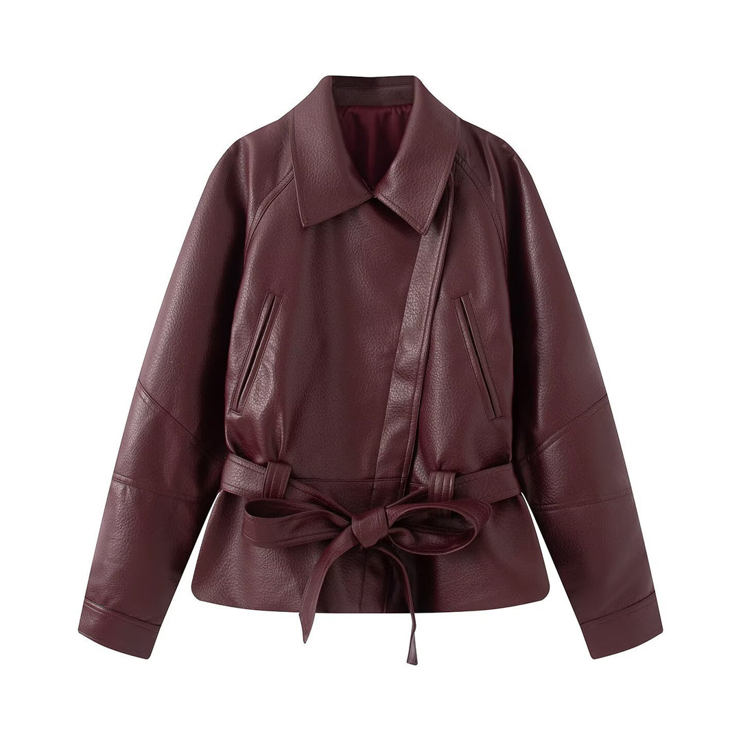 Damen taillierte Lederjacke mit Bindegürtel und überschnittener Schulter Echo Archiv