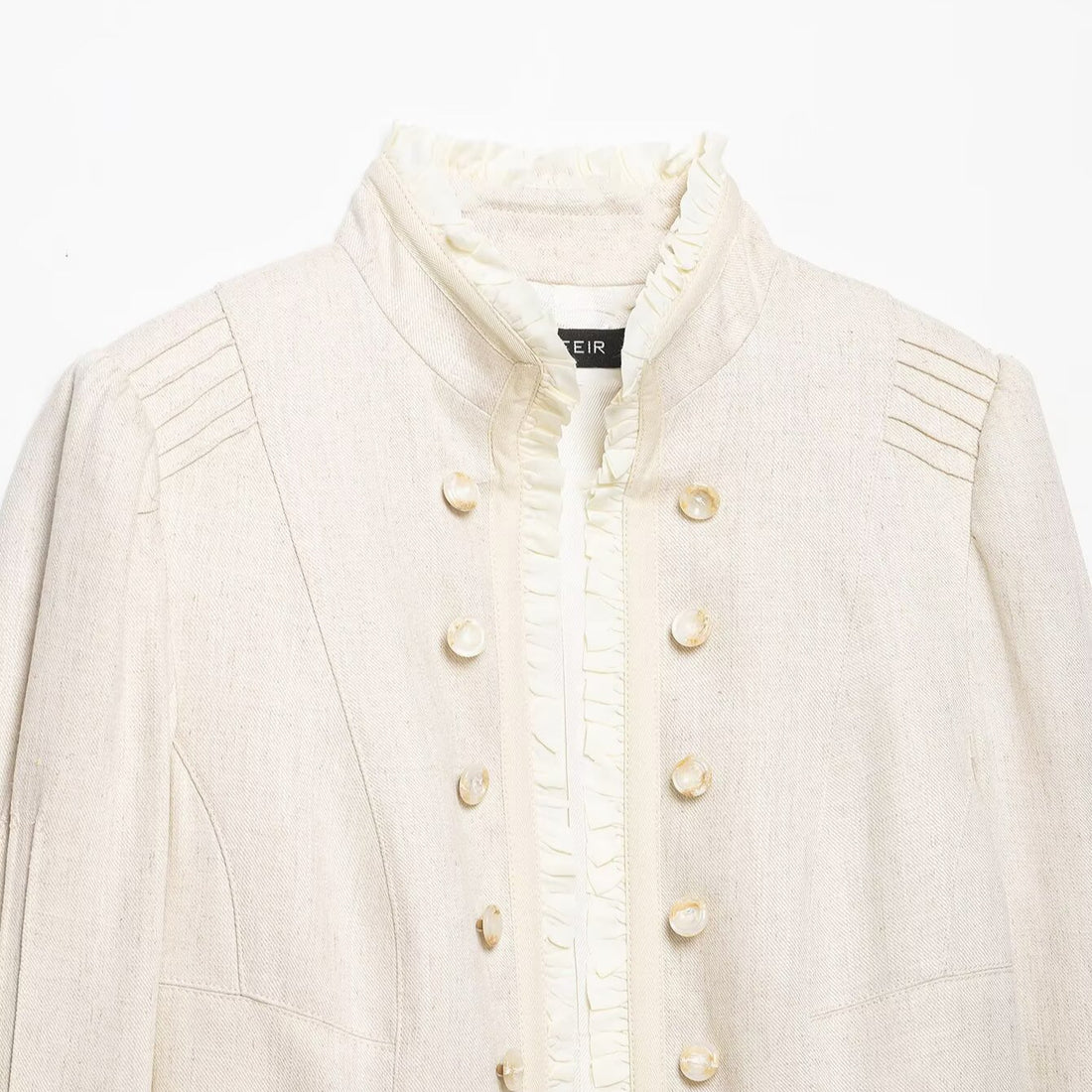 Damen Cropped Jacke mit Stehkragen, Biesenärmeln und Rüschenblende Echoarchiv