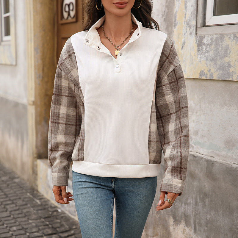 Damen Sweatshirt mit Stehkragen, Druckknopfleiste und karierten Flanellärmeln Echoarchiv