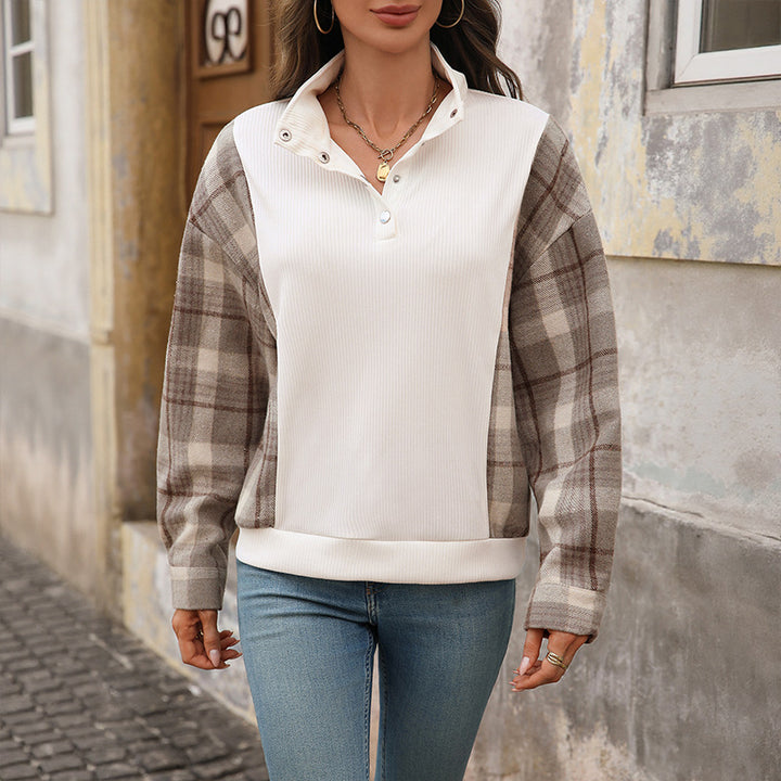 Damen Sweatshirt mit Stehkragen, Druckknopfleiste und karierten Flanellärmeln Echoarchiv