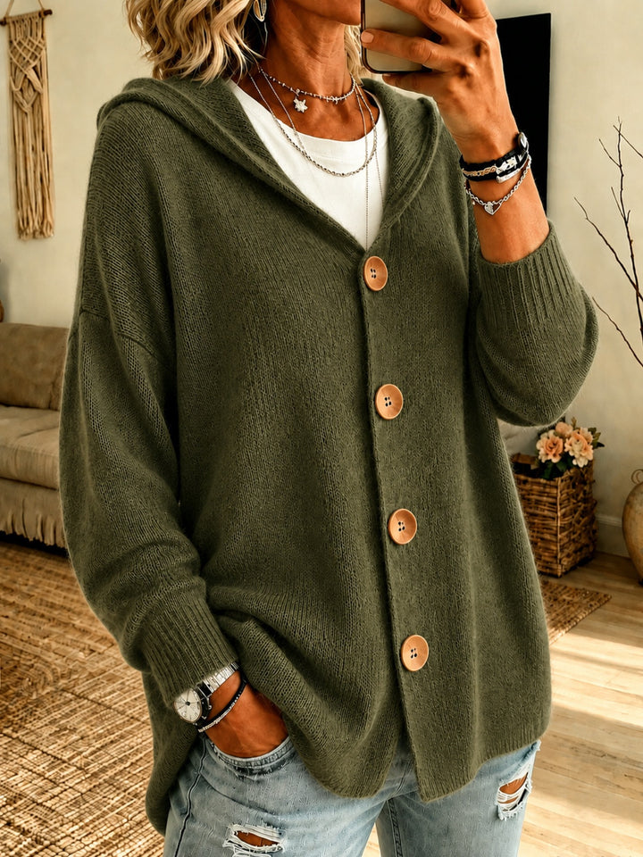 Damen Kapuzen-Cardigan Oversize mit Holzknöpfen und Rippbündchen – Veloura