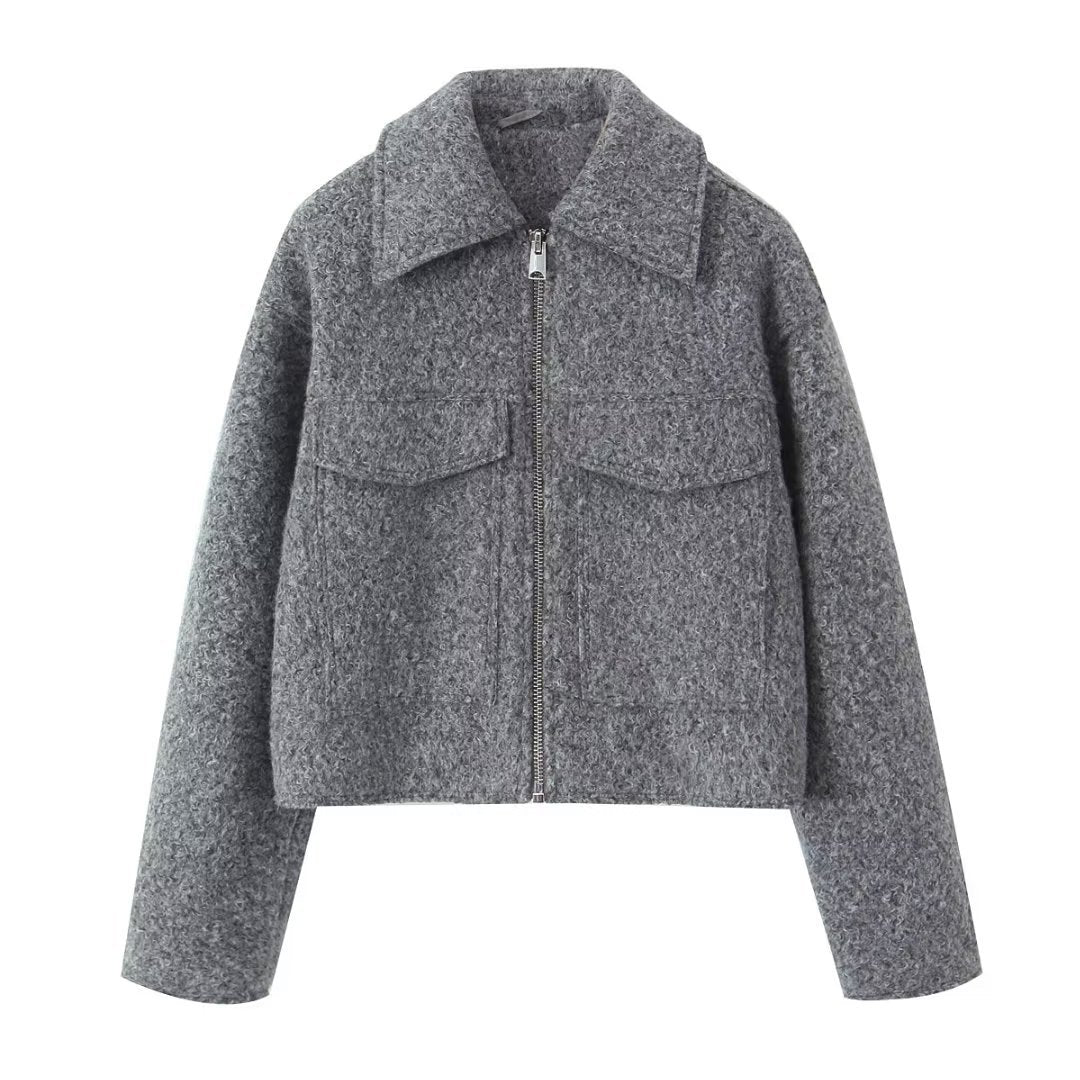 Damen kurzgeschnittene kastige Wollmix Jacke mit Reißverschluss Hemdkragen und aufgesetzten Pattentaschen – Célinea