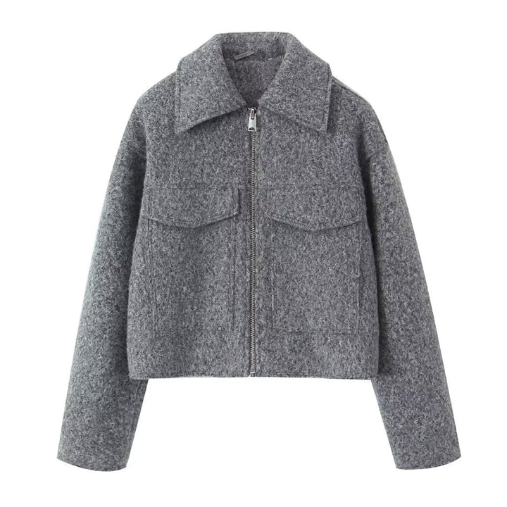 Damen kurzgeschnittene kastige Wollmix Jacke mit Reißverschluss Hemdkragen und aufgesetzten Pattentaschen – Célinea