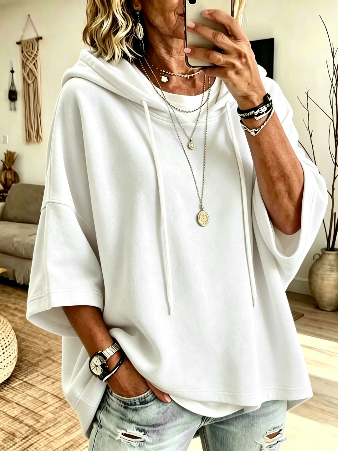 Damen Kurzarm-Oversize-Hoodie mit Kapuze und Kontrastkordel Echoarchiv