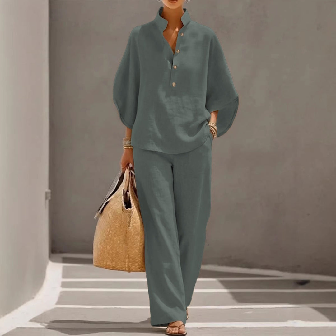 Damen Lockeres Leinenoptik-Zweiteiler mit Stehkragenbluse und weitem Palazzo-Hose – Élanora