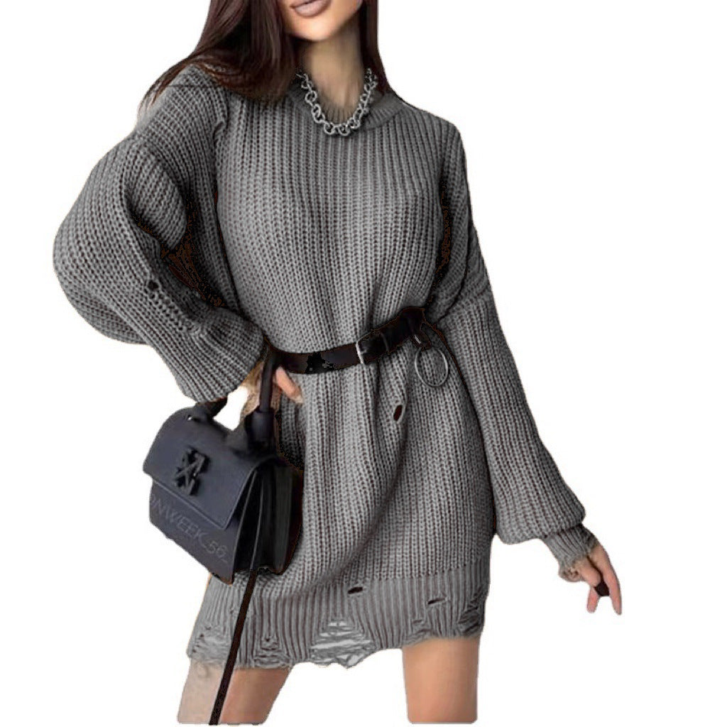 Damen Oversize Grobstrick-Minikleid mit Destroy-Effekt und Rundhalsausschnitt – Élara