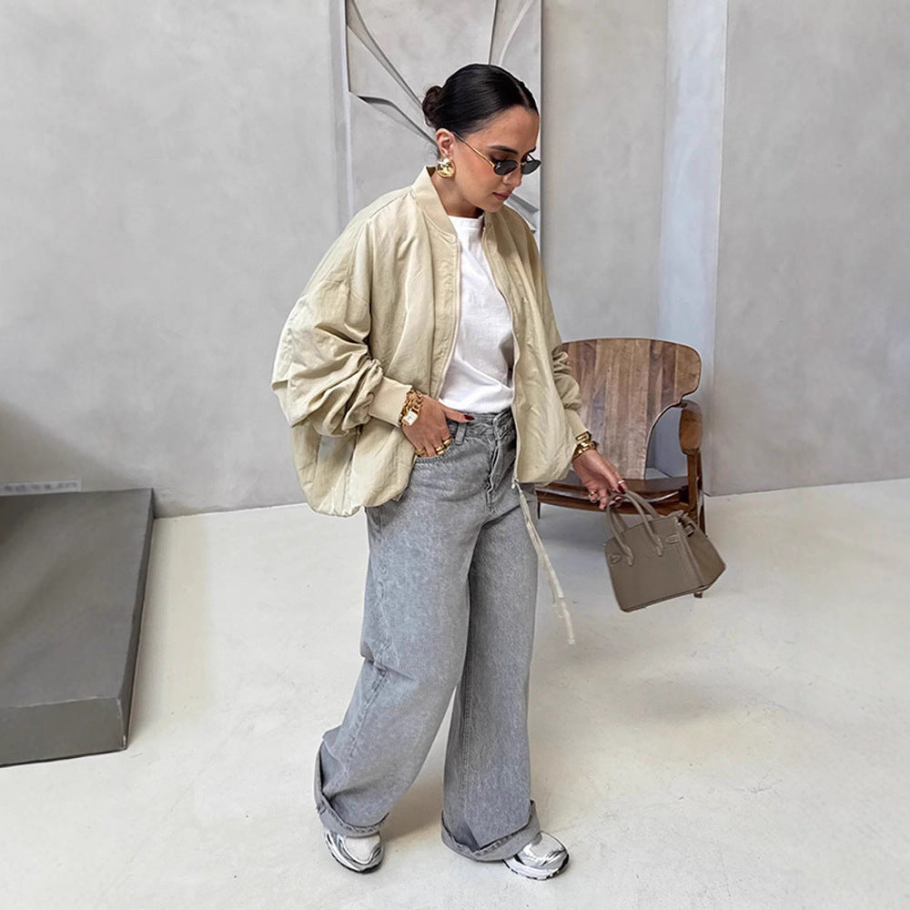 Damen Oversize Bomberjacke mit Tunnelzug, gerippten Bündchen und leichtem Nylon-Finish Echoarchiv
