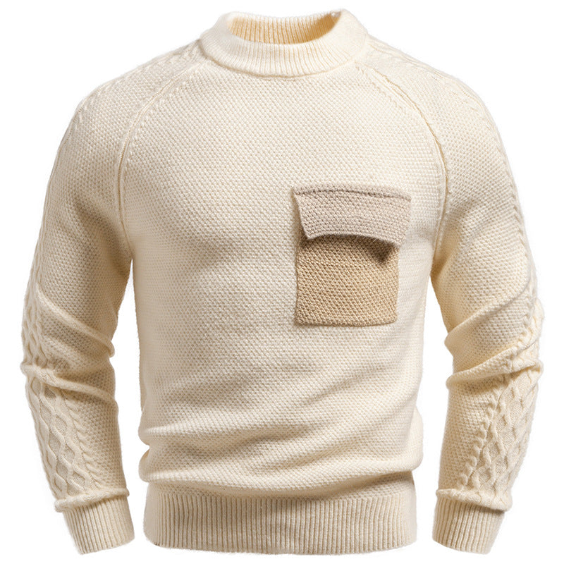 Herren Pullover aus Strukturstrick mit Rundhals, aufgesetzter Brusttasche und Zopfmuster-Ärmeln Echo Archiv