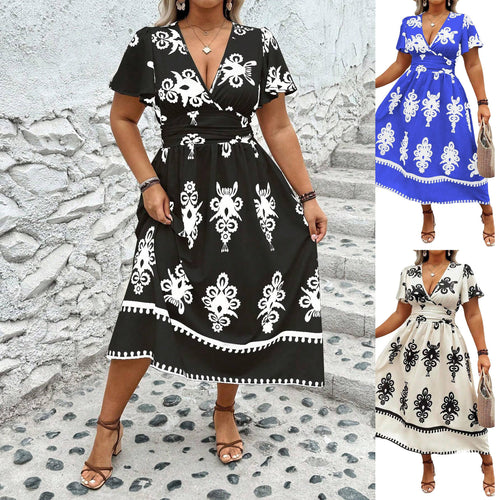 Damen Wickel-Midikleid mit taillierter Drapierung und dekorativem Bordürenprint Echo Archiv