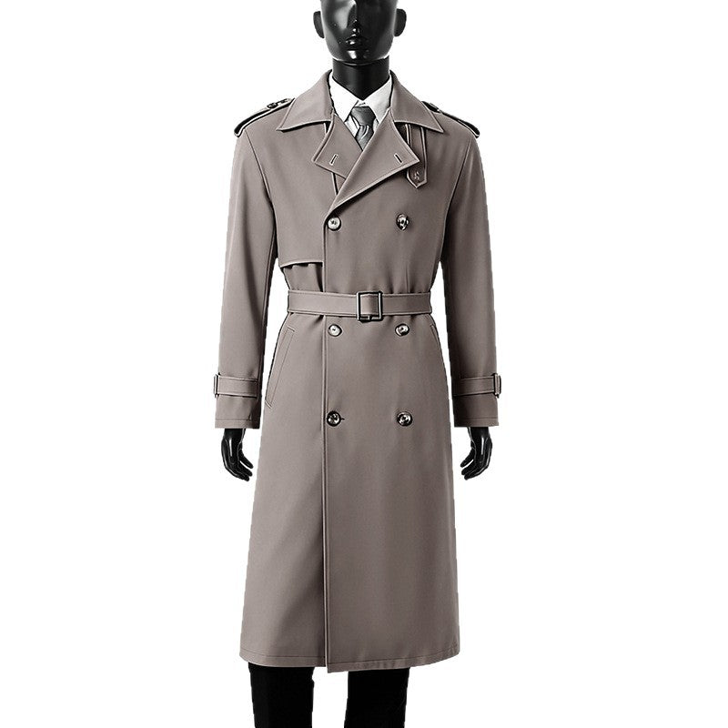 Herren Knielanger doppelreihiger Trenchcoat mit Epauletten, Sturmklappe und Manschettenriegel Echoarchiv