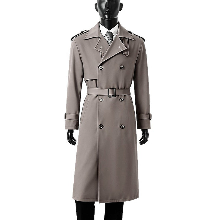 Herren Knielanger doppelreihiger Trenchcoat mit Epauletten, Sturmklappe und Manschettenriegel Echoarchiv