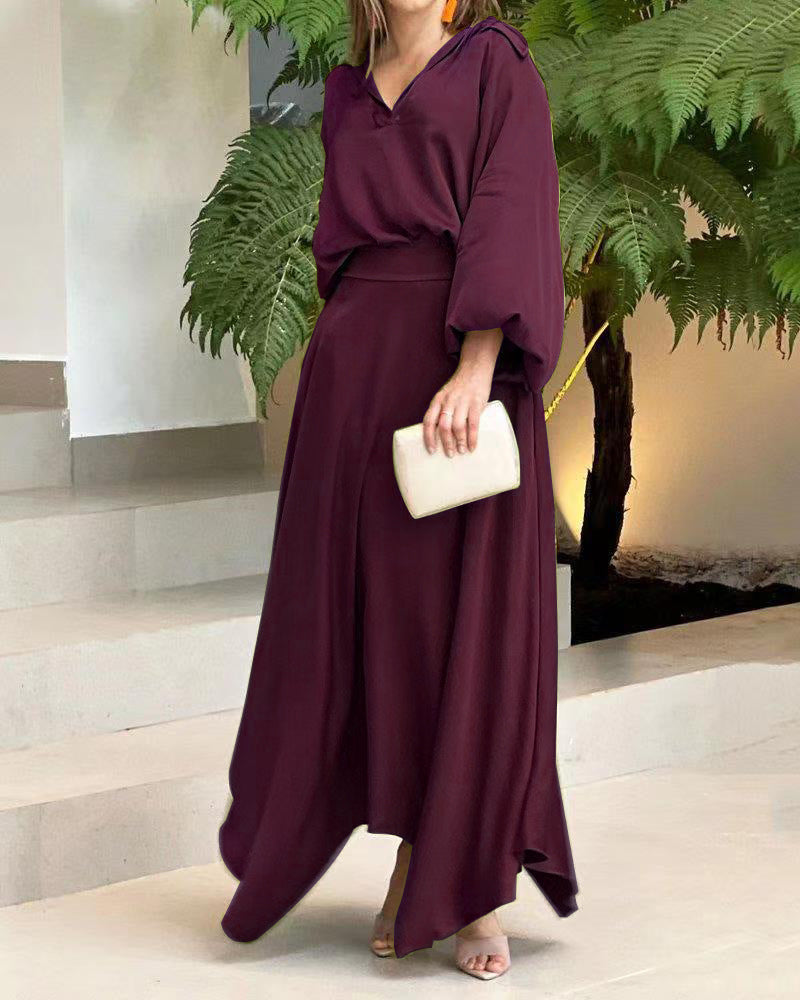 Damen Elegantes Maxikleid mit Kapuzen‑V‑Ausschnitt, Ballonärmeln und fließendem Saum Echoarchiv