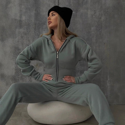 Damen Figurbetontes Kapuzen-Loungewear-Set mit tailliertem Zip-Hoodie und High-Waist Jogginghose – Avérine