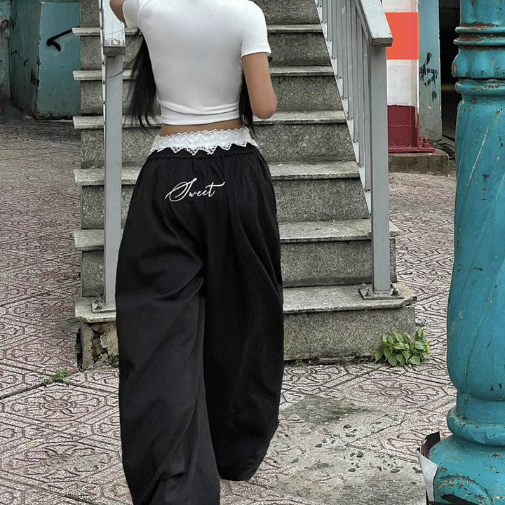 Damen Lässige Lagenhose mit Spitzenbund und Zierschleife – Avélisse