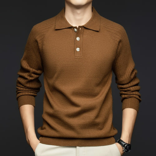 Herren eleganter Strickpullover mit Henley-Kragen und feiner Struktur Echoarchiv