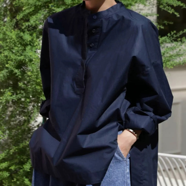 Damen Boxy-Baumwollbluse mit breitem Kentkragen und legerer Passform Echoarchiv