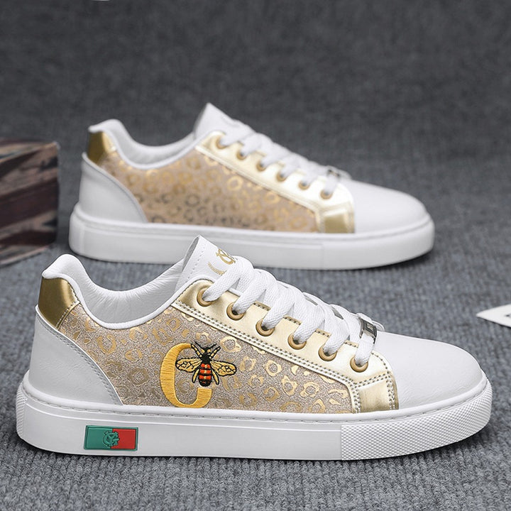 Damen verzierte Low-Top Sneaker mit Bienen-Stickerei und goldener Animal-Print-Optik Echo Archiv