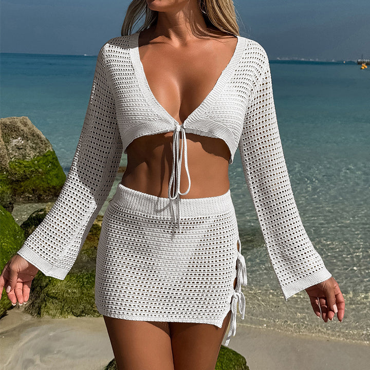 Damen gehäkeltes Two-Piece Set mit tiefem V-Ausschnitt und Schlitzdetails Echo Archiv