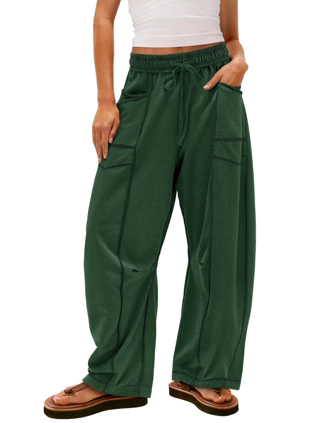 Damen weite Cargo-Loungehose mit elastischem Bund und Kontrastnähten – Avérine