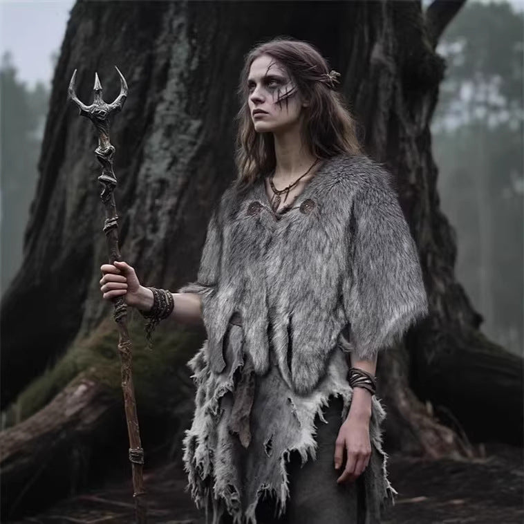 Damen Wikinger‑inspiriertes Faux‑Fur‑Cape mit rustikaler Fransenoptik und Schulterüberwurf Echo Archiv