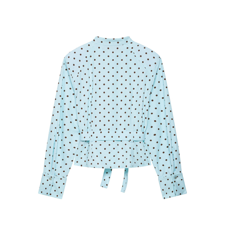 Damen Bluse mit Stehkragen, Bindegürtel und aufgesetzten Brusttaschen Echoarchiv